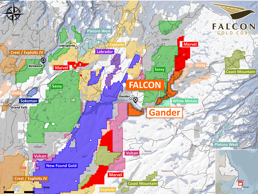 image 3 Vancouver, B.C., January 19th, 2022. FALCON GOLD CORP. (FG: TSX-V), (3FA: GR), (FGLDF: OTCQB); ("Falcon" or the “Company") is pleased to announce it has acquired a significant land position in the Gander North area via staking and cover 406 claims totaling 10,150 hectares. The Company has immediate plans to commence high resolution magnetic surveys upon approval of exploration permits.   These new claims are located 25 kilometers due East of New Found Gold’s Queensway Project and are contiguous to Sassy Resources Gander North Project which Sassy had optioned from Shawn Ryan.