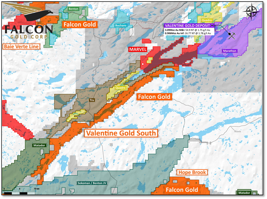 image 2 Vancouver, B.C., March 10, 2022. FALCON GOLD CORP. (FG: TSX-V), (3FA: GR), (FGLDF: OTCQB); ("Falcon" or the “Company”) is delighted to announce it has acquired, via staking, a very large and strategically located land position in the Valentine Lake South Area. This new land position consisting of 605 claims (15,300 hectares) is contiguous to Marvel Discovery Corp, Matador Mining, and Tru Precious Metals Corp (TRU). The Property also lies along strike from the Valentine gold deposit which hosts 6.8 million ounces of gold (Moz. Au) (all categories) and is now under development (https://marathon-gold.com/valentine-gold-project/). Falcon has immediate plans to commence high resolution magnetic surveys upon approval of exploration permits. 
