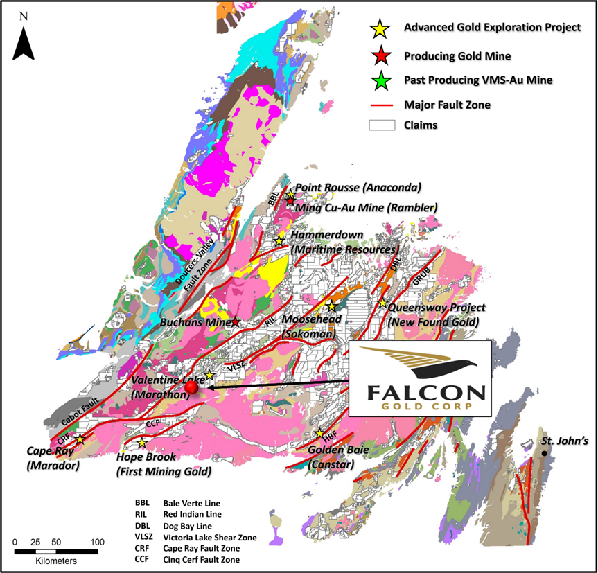 image 3 Vancouver, B.C., March 10, 2022. FALCON GOLD CORP. (FG: TSX-V), (3FA: GR), (FGLDF: OTCQB); ("Falcon" or the “Company”) is delighted to announce it has acquired, via staking, a very large and strategically located land position in the Valentine Lake South Area. This new land position consisting of 605 claims (15,300 hectares) is contiguous to Marvel Discovery Corp, Matador Mining, and Tru Precious Metals Corp (TRU). The Property also lies along strike from the Valentine gold deposit which hosts 6.8 million ounces of gold (Moz. Au) (all categories) and is now under development (https://marathon-gold.com/valentine-gold-project/). Falcon has immediate plans to commence high resolution magnetic surveys upon approval of exploration permits. 