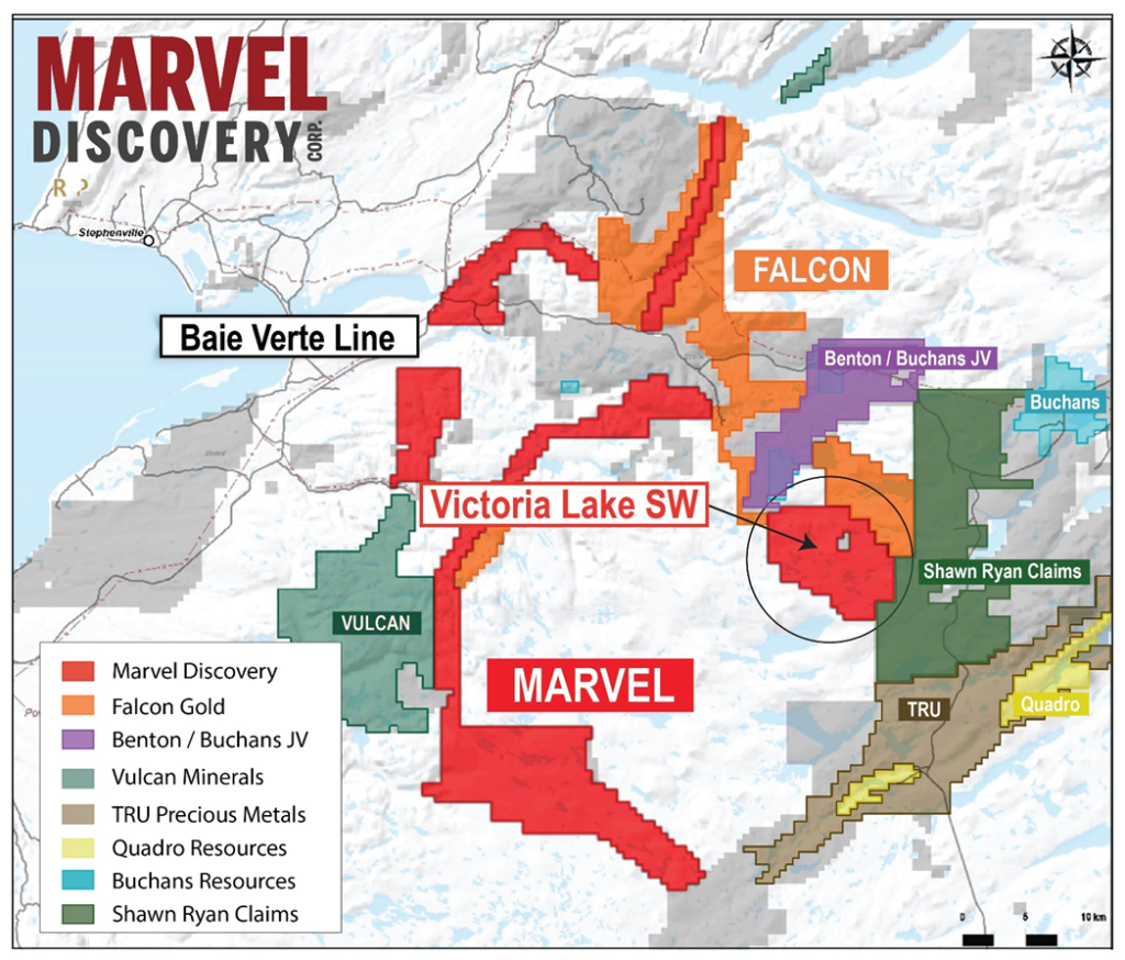 image 2 April 7, 2022. Vancouver, B.C. – Marvel Discovery Corp. (TSX-V: MARV), (Frankfurt: O4T1), (MARVF: OTCQB); (the “Company”) is pleased to announce it has acquired, via staking, additional ground west of Valentine Lake. This new land position called Victoria Southwest (the “Property”) consists of 253 claims (6,325 hectares) and is contiguous to Falcon Gold Corp, Benton Resources, Buchan Minerals Corp and a significant land package staked by Shawn Ryan. The Property lies .40 kilometers (km) west of the Valentine gold deposit and 65km southwest of the town of Buchans. The Valentine gold deposit which hosts 6.8 million ounces of gold (Moz. Au) (all categories) and is now under development (https://marathon-gold.com/valentine-gold-project/). Falcon has immediate plans to commence high resolution magnetic surveys upon approval of exploration permits.