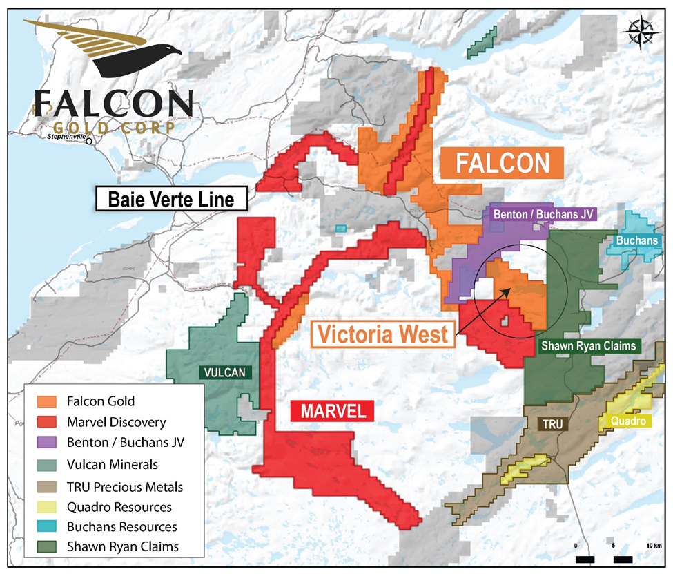 image Vancouver, B.C., April 7, 2022. FALCON GOLD CORP. (FG: TSX-V), (3FA: GR), (FGLDF: OTCQB); ("Falcon" or the “Company”) is pleased to announce it has acquired, via staking, additional ground west of Valentine Lake. This new land position called Victoria West (the “Property”) consists of 166 claims (4,150 hectares) and is contiguous to Marvel Discovery Corp, Benton Resources, Buchans Minerals Corp. and a significant land package staked by Shawn Ryan.  The Property lies 40 kilometers (km) west of the Valentine gold deposit and 65km southwest of the town of Buchans. The Valentine gold deposit which hosts 6.8 million ounces of gold (Moz. Au) (all categories) and is now under development (https://marathon-gold.com/valentine-gold-project/). Falcon has immediate plans to commence high resolution magnetic surveys upon approval of exploration permits.