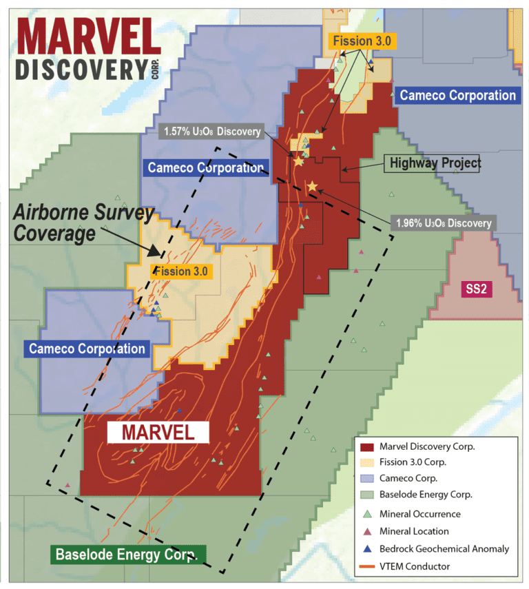 image 1 June 2, 2022. Vancouver, B.C. – Marvel Discovery Corp. (TSX-V: MARV), (Frankfurt: O4T), (MARVF: OTCQB); (“Marvel” or the “Company”) is pleased to announce completion of an airborne fixed wing magnetic survey over the KLR and Walker Uranium Project (“the Property”) in the Athabasca Basin. Marvel entered into an option agreement to acquire two (“KLR” and “Walker”) large strategically located land packages within the Wollaston-Mudjactic Transition Zone (“WMTZ”) of the eastern Athabasca Basin (see press release dated March 29, 2022. The WMTZ hosts the highest-grade uranium mines in the world including (Figure 1):