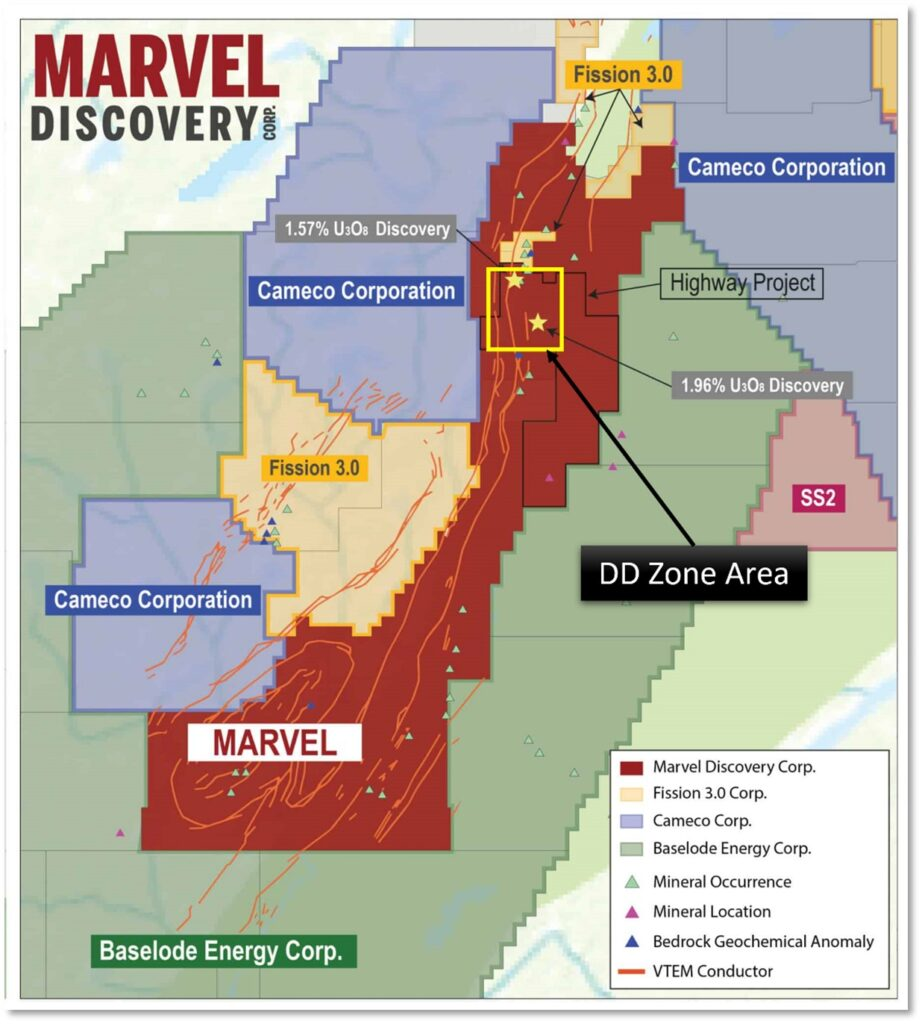 image 14 June 23, 2022. Vancouver, B.C. – Marvel Discovery Corp. (TSX-V: MARV), (Frankfurt: O4T), (MARVF: OTCQB); (“Marvel” or the “Company”) is pleased to announce that after compilation and interpretation of all existing data plus the results of the recently completed the airborne fixed wing magnetic survey, the Company will focus on the DD Zone for upcoming exploration efforts. The DD Zone represents an area of high merit and potential for success within the KLR and Walker Uranium Project (“the Property”) in the Athabasca Basin. The study and recommendation for the DD Zone was completed by Exploration Facilitation Unlimited (“EFU”).