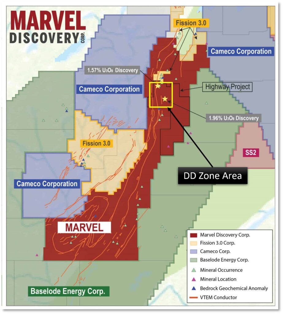 Location of the DD Zone neighbors VTEM conductors uranium occurrences along the Key Lake Shear Zone. July 19, 2022. Vancouver, B.C. – Marvel Discovery Corp. (TSX-V: MARV), (Frankfurt: O4T), (MARVF: OTCQB); (“Marvel” or the “Company”) is pleased to announce that it has applied for the necessary permits to complete an inaugural diamond drilling program at the DD Zone within the KLR-Walker Uranium Project (“the Property”) in the Athabasca Basin. The drill program will consist of 10 holes totaling 1,000m, the Company will report back on an estimated start date once all necessary permits are received.