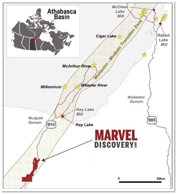 Location of the KLR Walker Uranium Project in the WMTZ Zone host to the highest grade uranium deposits in the world. October 5th, 2022, Vancouver, B.C. – Marvel Discovery Corp. (TSX-V: MARV), (Frankfurt: O4T), (MARVF: OTCQB); (“Marvel” or the “Company”)is pleased to announce that it has signed a joint venture (“JV”) agreement with Carmanah Minerals Corp., (“Carmanah”) (CSE: CARM) to earn a 50% interest in the Walker Claims (the “Property”) located in the Athabasca Basin, Saskatchewan (Figure 1). By completion of the earn-in by Carmanah, Marvel and Carmanah would each own 50% of the project with Carmanah funding $1.5 million in exploration expenditures, paying $ 400,000 in cash payments and the issuance of 3.5 million shares and 3.5 million warrants.