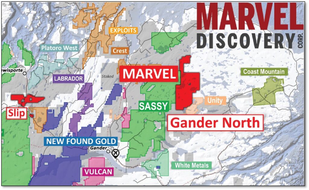 Location of the Marvel Discovery Gander North Project July 21, 2022. Vancouver, B.C. – Marvel Discovery Corp. (TSX-V: MARV), (Frankfurt: O4T), (MARVF: OTCQB); (“Marvel” or the “Company”)is pleased to announce the start of the 2022 exploration program at the Company’s 100% owned Gander North Property (the “Property”).  The exploration program commenced in June, with initial prospecting being completed. Preliminary efforts have identified numerous evidence for quartz veins, including outcrop and float.  Surface samples collected to date have been submitted for assay with results pending. Targets of merit identified by this work will be followed up by additional prospecting and geological mapping.  A thorough review of publicly available datasets has resulted in the identification of multiple northeast trending magnetic linear features, with associated fold closures, which suggest a continuation of trends from the nearby Gander Gold Project area where soil in gold anomalies up to 756.1 ppb have been identified. (https://temp.sassyresources.com/PressReleases/Sassy%20Jan%2027%20NR%20FINAL.pdf) High resolution geophysical surveys have been planned for this area which will help to better define and delineate these magnetic trends and together with surface prospecting and mapping will be the focus of a drill program to commence in the fall.