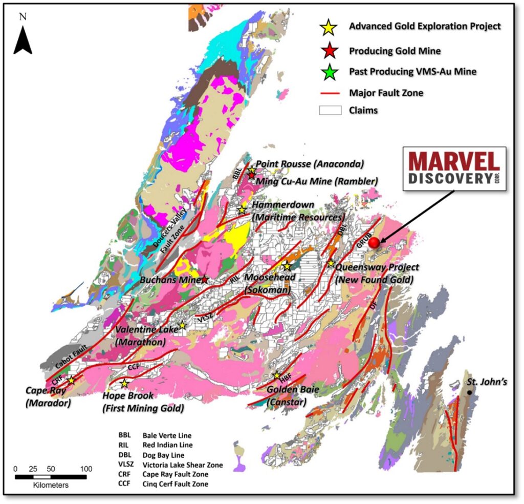 Location of the Marvel Gander North acquisition along the GRUB line regional deformation corridor July 21, 2022. Vancouver, B.C. – Marvel Discovery Corp. (TSX-V: MARV), (Frankfurt: O4T), (MARVF: OTCQB); (“Marvel” or the “Company”)is pleased to announce the start of the 2022 exploration program at the Company’s 100% owned Gander North Property (the “Property”).  The exploration program commenced in June, with initial prospecting being completed. Preliminary efforts have identified numerous evidence for quartz veins, including outcrop and float.  Surface samples collected to date have been submitted for assay with results pending. Targets of merit identified by this work will be followed up by additional prospecting and geological mapping.  A thorough review of publicly available datasets has resulted in the identification of multiple northeast trending magnetic linear features, with associated fold closures, which suggest a continuation of trends from the nearby Gander Gold Project area where soil in gold anomalies up to 756.1 ppb have been identified. (https://temp.sassyresources.com/PressReleases/Sassy%20Jan%2027%20NR%20FINAL.pdf) High resolution geophysical surveys have been planned for this area which will help to better define and delineate these magnetic trends and together with surface prospecting and mapping will be the focus of a drill program to commence in the fall.