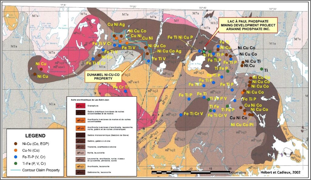 Ni‐Cu‐Co and Fe‐Ti‐P‐V mineral occurrences on the Chute des Passes and Pipmuacan Areas modified from Hebert et Cadieux 2002 July 26, 2022. Vancouver, B.C. – Marvel Discovery Corp. (TSX-V: MARV), (Frankfurt: O4T), (MARVF: OTCQB); (“Marvel” or the “Company”)is pleased to report that a field crew has been mobilized to the Duhamel Ni-Cu-Co and Ti-V-Cr property (the ‘Property’) located 350 kilometres (km) north of Quebec City, QC (Figure 1). Following the interpretation of the TDEM and magnetic airborne survey, Marvel increased its land position in the Saguenay-Lac-Saint-Jean Anorthosite Suite from 42 claims to 102 claims for a total of 5,300 hectares (see press release dated February 15, 2022). 