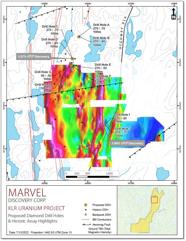 Planned drill locations at the DD Zone over total magnetic intensity coincident with VTEM conductors and highlighted historical results on the KLR Walker Uranium Project. July 19, 2022. Vancouver, B.C. – Marvel Discovery Corp. (TSX-V: MARV), (Frankfurt: O4T), (MARVF: OTCQB); (“Marvel” or the “Company”) is pleased to announce that it has applied for the necessary permits to complete an inaugural diamond drilling program at the DD Zone within the KLR-Walker Uranium Project (“the Property”) in the Athabasca Basin. The drill program will consist of 10 holes totaling 1,000m, the Company will report back on an estimated start date once all necessary permits are received.