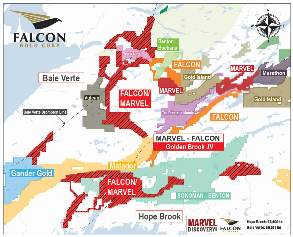 Golden Brook JV​ Falcon Gold Newfoundland November 15th, 2022, Vancouver, B.C. – Falcon Gold Corp. (TSX-V: FG), (Frankfurt: 3FA:GR), (FGLDF: OTCQB); (“Falcon” or the “Company”)and Marvel Discovery., (TSX-V: MARV), (Frankfurt: O4T:GR), MARVF: OTCQB); and together (“the Alliance”) are pleased to announce that exploration has commenced on their combined Golden Brook Projects in Central Newfoundland, Canada. The Golden Brook Property is strategically located contiguous to Benton-Sokoman’s Golden Hope Project covering the Kraken Pegmatite Field. In addition, the property is situated approximately 7 kilometres from the past producing Hope Brook Gold Mine, the project is interpreted to cover approximately 25 kilometres of the Cape Ray Fault east of Matador’s Cape Ray Gold Project. Recent geophysical review and structural interpretation over the Golden Brook project area, reported September 23, 2022, identified kilometer-scale shear zone corridors, and a major fold closure, interpreted from the magnetics, within the Alliance’s Golden Brook Property area. The Alliance had originally planned to complete high resolution magnetic gradiometer surveys over the project area, a proven method to distinguish structural complexities in geological terranes. The survey work was delayed due to a state of emergency being issued from forest fires in Central Newfoundland. Crews have been mobilized to commence work on the project, with prospecting and till sampling to be completed to verify the target structures and determine their mineralization potential in advance of drilling planned for early 2023. 