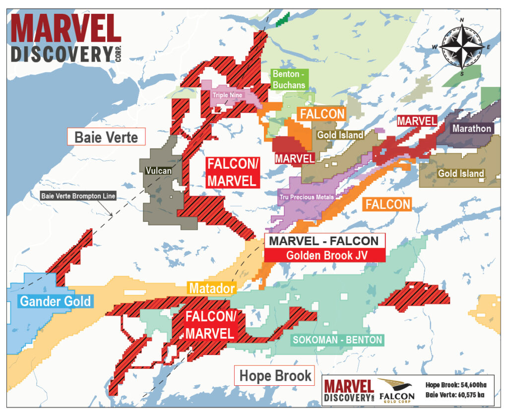 Golden Brook JV​ Marvel Discovery Newfoundland 1 September 23, 2022. Vancouver, B.C. – Marvel Discovery Corp. (TSX-V: MARV), (Frankfurt: O4T), (MARVF: OTCQB), (“Marvel”);and Falcon Gold Corp. (FG: TSX-V), (3FA: GR), (FGLDF: OTCQB), (“Falcon”);and together (the “Alliance”) are pleased to provide an update on their combined exploration focus for their Hope Brook Projects which are strategically located contiguous to Benton-Sokoman’s Joint Venture, and First Mining’s ground which was recently optioned to Big Ridge Exploration. The Alliance had originally planned to complete high resolution magnetic gradiometer surveys over the project area, a proven method to distinguish structural complexities in geological terranes.  Start of the survey work has been delayed due to helicopter availability from forest fires in Central Newfoundland, a state of emergency was issued. Providing the Alliance an opportunity to conduct a geophysical review and structural interpretation over the Hope Brook project area in advance of the survey and surface work.   The Alliance is pleased to announce that the geophysical review has identified kilometer-scale shear zone corridors, and a major fold closure, interpreted from the magnetic patterns, within the Hope Brook Property area.  These will be the focus of prospecting and till sampling projects employed to verify the structures and determine their mineralization potential.  With recent success in identifying anomalous gold, tungsten, silver, and copper reported by Falcon at their Gander North Property (September 15, 2022), the Alliance has shifted their exploration focus to the Gander district.