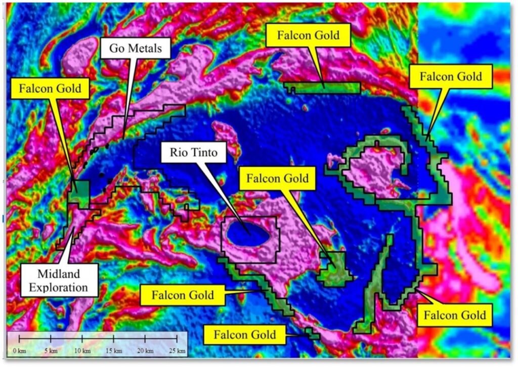 Additional Staking by Falcon Gold on the Havre St Pierre Anorthositic Complex with overlay of total magnetic intensity. 1 Vancouver, B.C., October 5th, 2022, Falcon Gold Corp. (FG: TSX-V), (3FA: GR), (FGLDF: OTCQB); ("Falcon" or the “Company”)., is pleased to report the acquisition of 413 claims covering 22,302 hectares of strategic ground through an option agreement and staking contiguous and proximal to Go Metals Corp, HSP Nickel Copper PGE Project 130 km north of Havre St. Pierre, Quebec (Figure 1).  The staking covers approximately 135 km of prospective contact of the Havre St. Pierre Anorthositic Complex (HSAP) where Go Metals Corp recently announced the discovery of "Wide Intervals of Nickel and Copper Sulphides”. (Go Metals Press Release Dated September 13, 2022). The most westerly block of the Falcon Gold claims covers the southwest extension of the anorthositic complex, on a prospective fold nose structure and is located less than 2.2 km from prominent airborne TDEM anomalies identified by Go Metals and host to the Nickel-Copper mineralization (Figure 2).