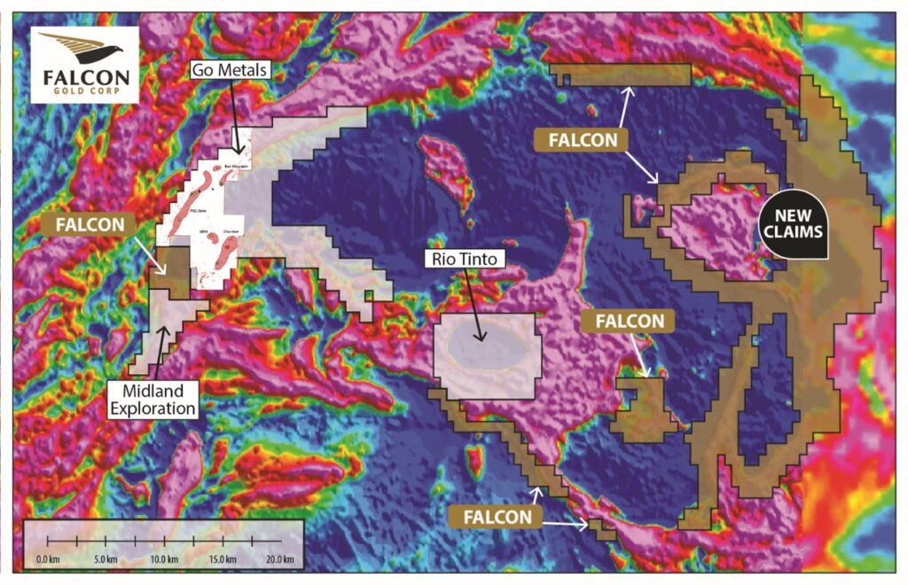 Falcons original claims and additional staking on a total field magnetic background. 1 Vancouver, B.C., October 25th, 2022, Falcon Gold Corp. (FG: TSX-V), (3FA: GR), (FGLDF: OTCQB); ("Falcon" or the “Company”)., is pleased to report on the expansion of our HSP south project by staking an additional 290 claims. This has increased our total claims to 703, covering 37,962 hectares in the Havre St. Pierre Anorthosite Complex (HSP Property Area) by 70%.