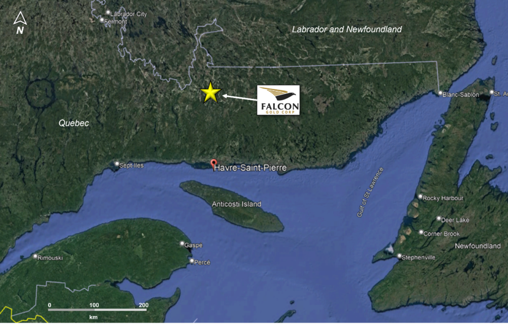 Figure 1. Location of Falcon Golds Havre St. Pierre acquisition. 1 Vancouver, B.C., October 5th, 2022, Falcon Gold Corp. (FG: TSX-V), (3FA: GR), (FGLDF: OTCQB); ("Falcon" or the “Company”)., is pleased to report the acquisition of 413 claims covering 22,302 hectares of strategic ground through an option agreement and staking contiguous and proximal to Go Metals Corp, HSP Nickel Copper PGE Project 130 km north of Havre St. Pierre, Quebec (Figure 1).  The staking covers approximately 135 km of prospective contact of the Havre St. Pierre Anorthositic Complex (HSAP) where Go Metals Corp recently announced the discovery of "Wide Intervals of Nickel and Copper Sulphides”. (Go Metals Press Release Dated September 13, 2022). The most westerly block of the Falcon Gold claims covers the southwest extension of the anorthositic complex, on a prospective fold nose structure and is located less than 2.2 km from prominent airborne TDEM anomalies identified by Go Metals and host to the Nickel-Copper mineralization (Figure 2).
