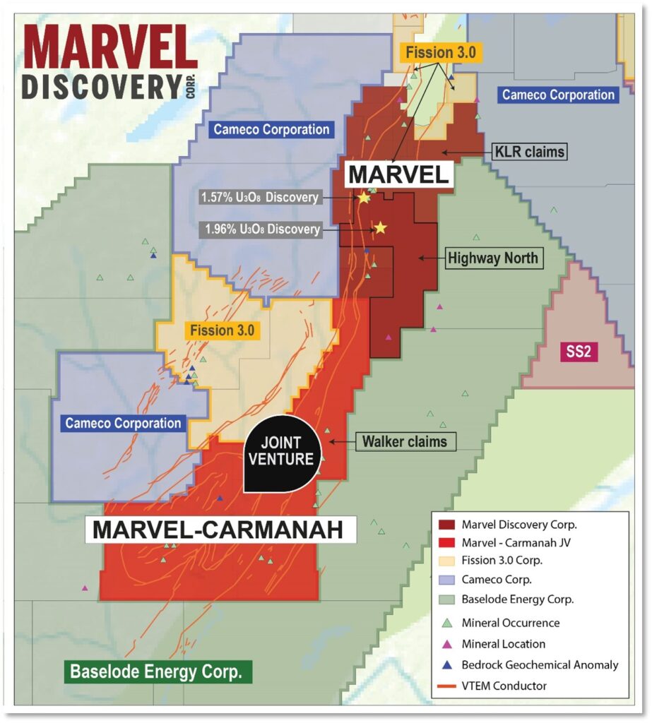 Figure 3. Location of Walker JV and the Highway North and KLR claim groups along the Key Lake Fault with prominent VTEM conductor trends. October 5th, 2022, Vancouver, B.C. – Marvel Discovery Corp. (TSX-V: MARV), (Frankfurt: O4T), (MARVF: OTCQB); (“Marvel” or the “Company”)is pleased to announce that it has signed a joint venture (“JV”) agreement with Carmanah Minerals Corp., (“Carmanah”) (CSE: CARM) to earn a 50% interest in the Walker Claims (the “Property”) located in the Athabasca Basin, Saskatchewan (Figure 1). By completion of the earn-in by Carmanah, Marvel and Carmanah would each own 50% of the project with Carmanah funding $1.5 million in exploration expenditures, paying $ 400,000 in cash payments and the issuance of 3.5 million shares and 3.5 million warrants.