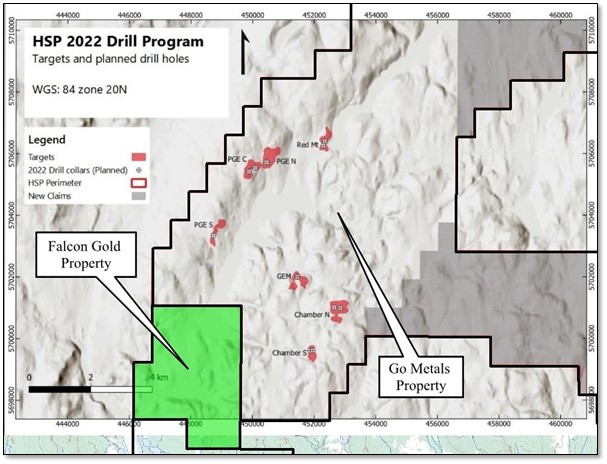 Proximity of Falcon Golds Property to Go Metals Corp. Mineralized Targets. 1 Vancouver, B.C., October 25th, 2022, Falcon Gold Corp. (FG: TSX-V), (3FA: GR), (FGLDF: OTCQB); ("Falcon" or the “Company”)., is pleased to report on the expansion of our HSP south project by staking an additional 290 claims. This has increased our total claims to 703, covering 37,962 hectares in the Havre St. Pierre Anorthosite Complex (HSP Property Area) by 70%.
