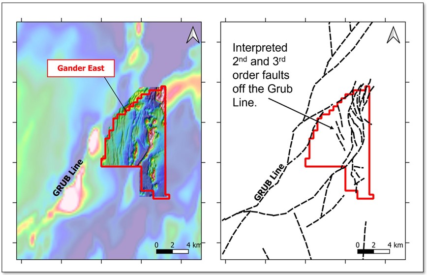 Preliminary structural interpretation of the high resolution magnetic survey showing 2nd and 3rd order structures conducive for trapping gold bearing hydrothermal fluids November 9, 2022, Vancouver, B.C. – Marvel Discovery Corp. (TSX-V: MARV), (Frankfurt: O4T), (MARVF: OTCQB); (“Marvel” or the “Company”)is pleased to announce it has initiated its surface reconnaissance exploration program at the Gander East.  The first phase of exploration at the property was reported on March 2, 2022, and included a high resolution, helicopter-borne magnetic survey over the Gander East project area.  This was followed by a geophysical review and structural interpretation, released June 14, 2022, that identified several prominent shear and deformation zones within the property, and further identified prospective targets for follow up.  Surface work will include prospecting over each of the priority target areas, with till sampling planned in areas where overburden is well developed.  The work is being completed toward further defining drill targets in preparation for Marvel’s inaugural Phase 1 drill program planned for early 2023. Marvel is pleased to announce that the exploration program at Gander East received approval under Newfoundland’s Junior Exploration Assistance Program.  The program’s purpose is to provide assistance to explorers in the province toward the discovery of new mineral occurrences, prospects and deposits through the provision of financial support covering 40 to 75% of approved exploration costs up to a maximum of $150,000.