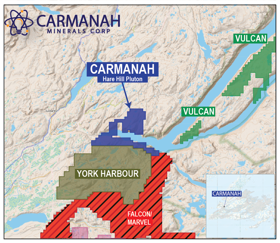 image 3 February 15th , 2023., Vancouver, B.C. – Carmanah Minerals Corp. (CSE: CARM), (“Carmanah” or the “Company”)is pleased to announce the acquisition of the Hare Hill Pluton Rare Earth Project covering 162 claims totaling 4050 hectares in Central Newfoundland. The property is directly contiguous to the recent “Bottom Brook Acquisition” by York Harbour Metals Inc., the Hare Hill area is quickly becoming recognized for its rare earth potential. The project is also adjacent to Falcon Gold and Marvel Discovery’s Baie Verte Brompton Projects.