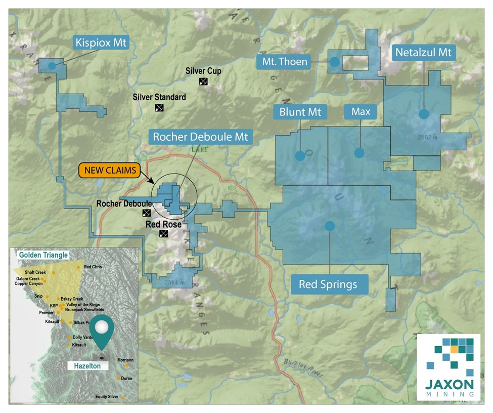 image 5 Vancouver, British Columbia--(Newsfile Corp. - March 20, 2023) - Jaxon Mining Inc. (TSXV: JAX) (FSE: 0U31) (OTC Pink: JXMNF) ("Jaxon" or the "Company") is pleased to announce it has expanded its 100% controlled Hazelton property by staking and acquiring four additional mineral tenures, increasing the total area to 73,079.05 hectares or 730.79 km2, comprising 75 contiguous claims, at NTS 93M centered at -127° 10' 46" Longitude, 55° 11' 5" Latitude. The Hazelton Property hosts seven projects, each with one or more porphyry systems: Netalzul Mountain, Red Springs, Blunt Mountain, Max, Mt Thoen, Rocher Deboule Mountain and Kispiox Mountain (Figure 1).