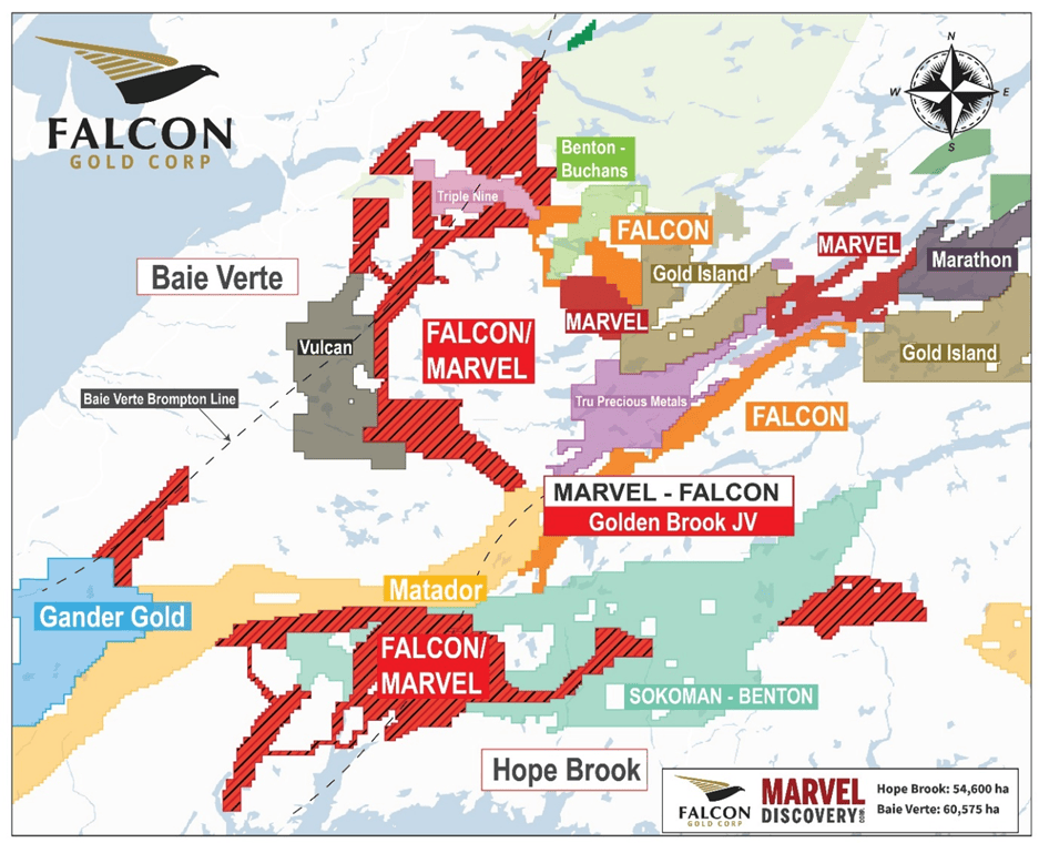 image 15 Vancouver, B.C., May 30, 2023 – Falcon Gold Corp. (FG: TSX-V), (3FA: GR), (FGLDF: OTCQB);and Marvel Discovery Corp. (MARV: TSX.V), (04T: GR), (MARVF: OTCQB) together (the Alliance) previously announced the mobilization of field crews to the “Golden Brook” (Hope Brook) Lithium prospect located in southwestern Newfoundland, Canada. The Golden Brook covers a vast area totaling 54,600 hectares, strategically located contiguous to Benton-Sokoman’s Golden Hope Project covering a portion of the Kraken Pegmatite Field.