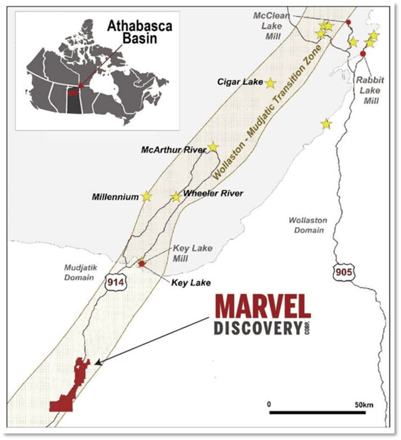 image 5 June 22, 2023. Vancouver, B.C. – Marvel Discovery Corp. (TSX-V: MARV), (Frankfurt: O4T), (OTCQB: MARVF); (“Marvel” or the “Company”) is pleased to announce a Phase II follow-up drilling program at the DD and Highway Zone within the KLR-Walker Uranium Project (“the Property”) in the Athabasca Basin (Figure 1). The Phase II drill program would consist of 4 holes totaling approximately 2,400 m. The start date of the program has yet to be determined. A total of 1,343 m was completed through 6 diamond drill holes in the spring of 2023 which intersected 841 ppm U3O8 over 1.07 m at the DD Zone and 553 ppm U3O8 over 1.89 m at the Highway Zone (see press release dated May 17, 2023).
