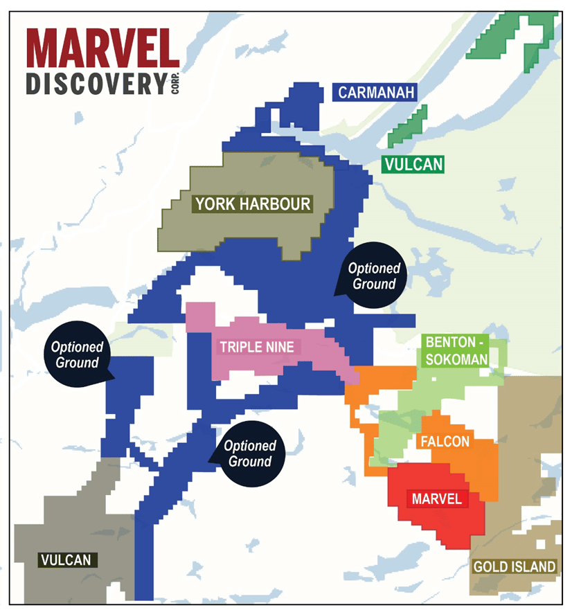 image June 8, 2023.Vancouver, B.C. – Marvel Discovery Corp. (MARV: TSX.V), (O4T: GR), (MARVF: OTCQB); and Falcon Gold Corp. (FG: TSX.V), (3FA: GR), FGLDF: (OTCQB) together (the Alliance), jointly hold 1402 claims (the “Property”) totaling 35,050 hectares located along the Baie Verte Brompton Line (“BVBL”) in Central Newfoundland. Marvel and Falcon have agreed to option their interests in the Property to Carmanah Minerals Corp. (“Carmanah”). Carmanah recently announced the acquisition of the Hare Hill Pluton Rare Earth Project covering 162 claims totaling 4,050 hectares in Western Newfoundland. The property is directly contiguous to the recent “Bottom Brook Acquisition” by York Harbour Metals Inc. announced December 21, 2022.