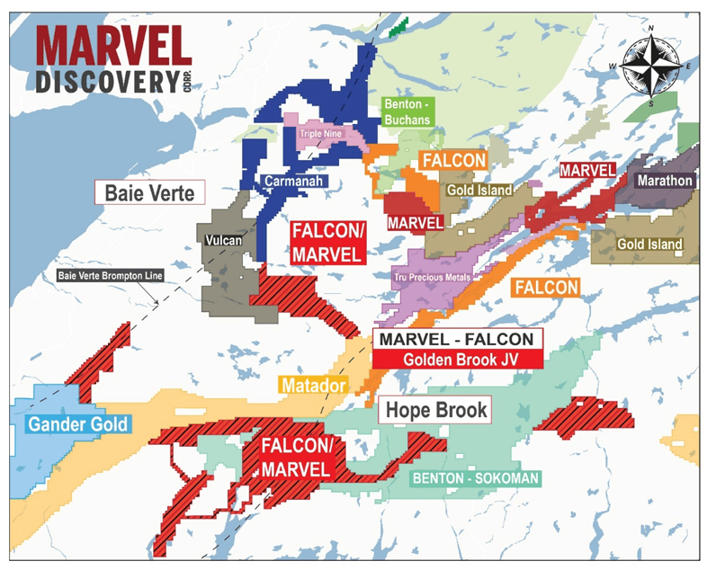 image 2 July 25, 2023, Vancouver, B.C.– Marvel Discovery Corp. (MARV: TSX.V), (O4T: GR), (MARVF: OTCQB); and Falcon Gold Corp. (FG: TSX.V), (3FA: GR), FGLDF: (OTCQB) together (the Alliance) are pleased to announce that  Falcon Gold has applied for drill permits to carry out activities on their Golden Brook prospects within the Hope Brook Property in southern Newfoundland. Two permit applications have been submitted by Marvel’s JV Partner, Falcon Gold, one for portable drilling across the property that will expand current prospecting permits and allow for portable drill-testing of targets across the entire property, and a second permit was submitted to diamond drill test prospects within the Kraken-Hydra trend, a trend represented by a 10km area of limited exploration between Benton-Sokoman’s Kraken Li-Ta discoveries and the Hydra Cesium Discovery (see Sokoman’s news release May 18, 2023).