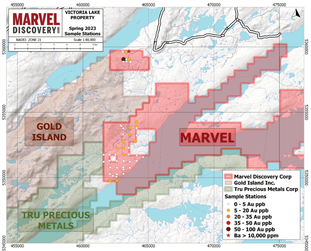 image August 14, 2023, Vancouver, B.C. – Marvel Discovery Corp. (TSX-V: MARV), (Frankfurt: O4T), (OTCQB: MARVF); (“Marvel” or the “Company”) is pleased to announce that assay results have been received from reconnaissance till and soil sampling at its Victoria Lake Property located approximately 90 kilometers south of Deer Lake in western Newfoundland.  Samples from the program have identified multiple anomalies, including gold, barium, copper, zinc, and tin.