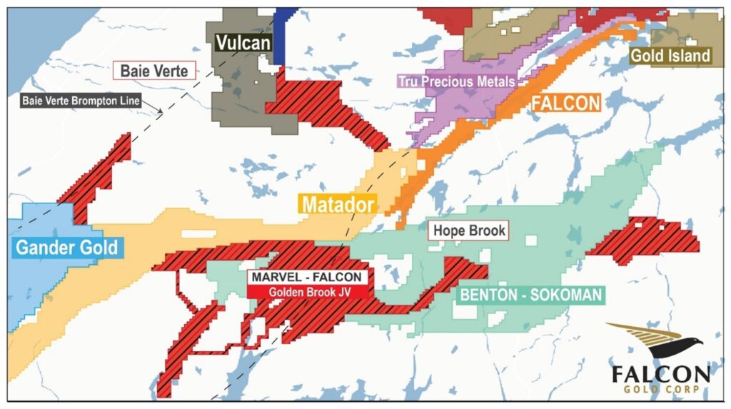 Location of Falcons and Marvels Golden Brook joint venture property contiguous to Benton Sokomans joint venture Vancouver, B.C., October 25, 2023 - Falcon Gold Corp. (FG: TSX-V), (3FA: GR), (FGLDF: OTCQB); (“Falcon” or the “Company”) is pleased to announce the company has received assay results from the late spring, early summer 2023 exploration program conducted over the Kraken project located in Southern Newfoundland. The project covers the central portion of the Golden Brook Property and is located approximately 150 kilometers south of Deer Lake. Samples from the first pass reconnaissance program have identified multiple anomalies from rock samples, including