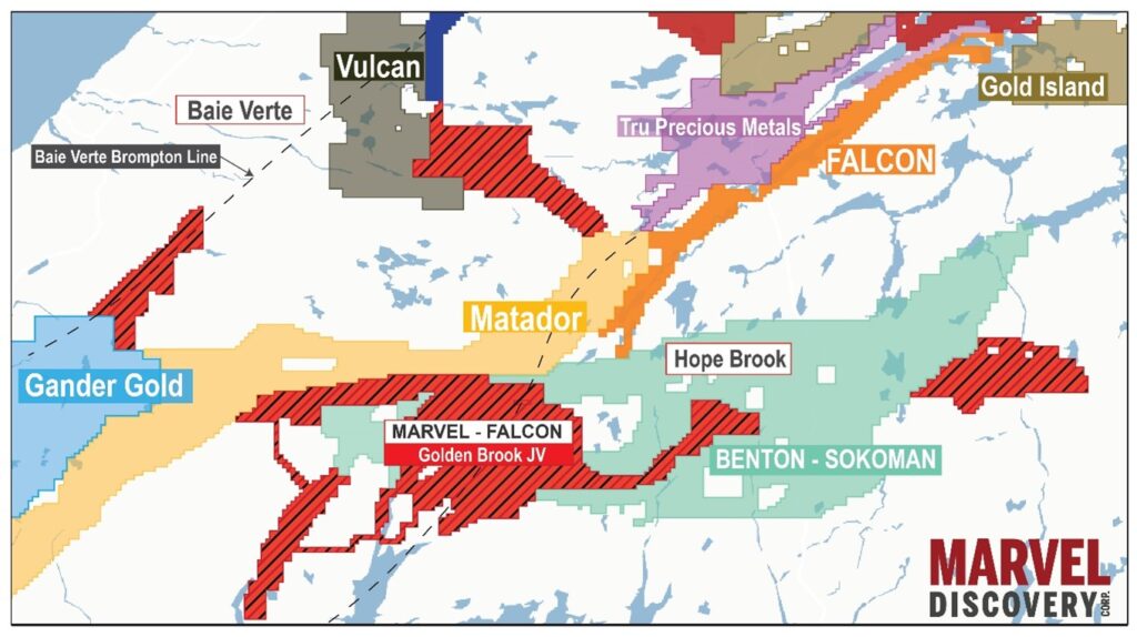 Location of Marvels and Falcons Golden Brook joint venture property contiguous to Benton Sokomans joint venture October 25, 2023, Vancouver, B.C.– Marvel Discovery Corp. (MARV: TSX.V), (O4T: GR), (MARVF: OTCQB); and Falcon Gold Corp. (FG: TSX.V), (3FA: GR), FGLDF: (OTCQB) together (the Alliance) are pleased to announce the companies have received assay results from the late spring, early summer 2023 exploration program conducted over the Kraken project located in Southern Newfoundland. The project covers the central portion of the Golden Brook Property and is located approximately 150 kilometers south of Deer Lake. Samples from the first pass reconnaissance program have identified multiple anomalies from rock samples, including: