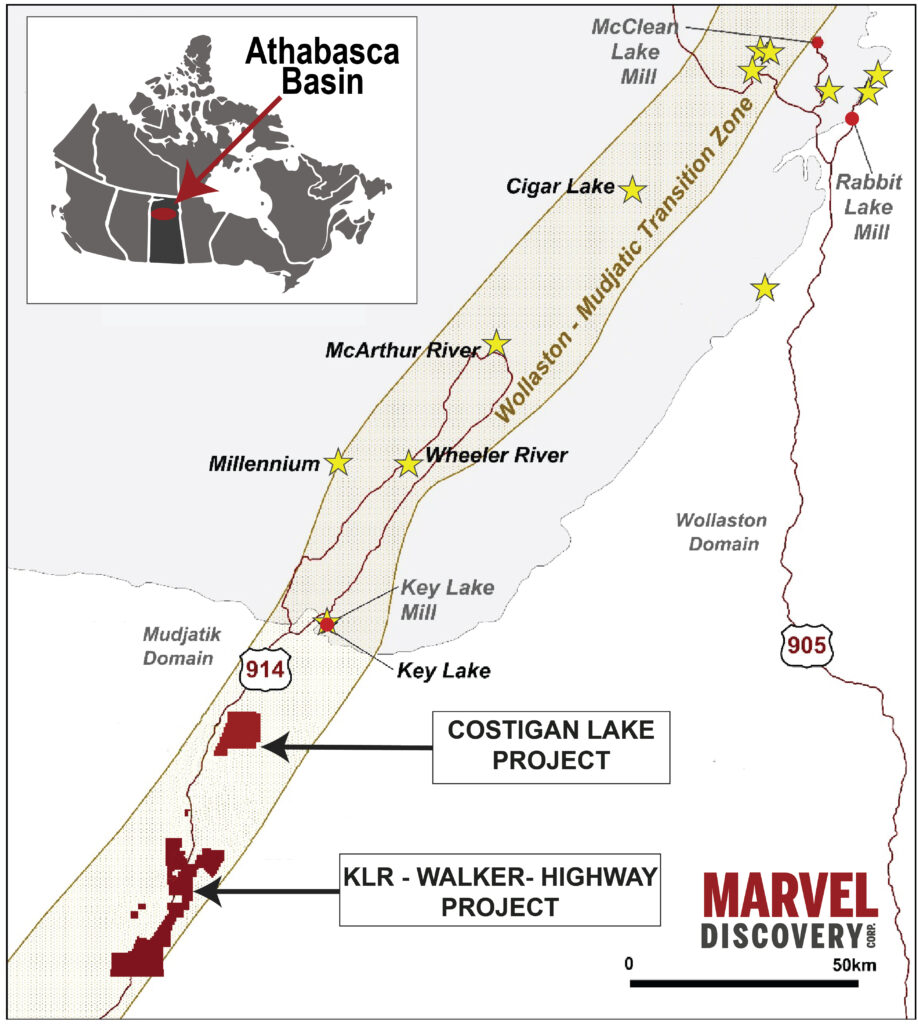 Uranium property 17 October 12, 2023, Vancouver, B.C. – Marvel Discovery Corp. (TSX-V: MARV), (Frankfurt: O4T), (MARVF: OTCQB); (“Marvel” or the “Company”) is pleased to announce that the Company has entered into an agreement to acquire the Costigan Lake Uranium project, which covers 5,518ha located on the eastern side of the Athabasca Basin. The acquisition enhances Marvel’s land portfolio of uranium holdings at Key Lake, which is adjacent to Cameco, F3 Uranium, Skyharbour, and Abasca Resources. This acquisition increases the Company’s footprint to 4 distinct projects covering over 23,130ha and is in line with Marvel’s aggressive approach to project generation and exploration. The company is utilizing the same innovative techniques that have led to some of the largest discoveries in the Athabasca Basin including radon surveys, ground geophysics, underwater spectrometer analysis, and airborne radiometric surveys.