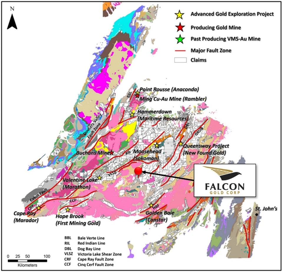 image 8 Vancouver, BC, October 31, 2023 – Falcon Gold Corp. (FG: TSX-V), (3FA: GR), (FGLDF: OTCQB); (“Falcon” or the “Company”) is pleased to announce it has acquired through staking, 91 claims (the “Property”) totaling 2,275 hectares located in the Great Burnt base-metal rich greenstone belt in central Newfoundland (Figure 1). The Great Burnt greenstone belt is host to the Great Burnt Copper Zone with an indicated resource of 381,300 tonnes at 2.68% Cu and inferred resources of 663,100 tonnes at 2.10% Cu. (https://www.spruceridgeresources.com/great-burnt.php) Recent drilling in 2020 by Spruce Ridge Resources reported 8.06% Cu over 27.2m (TSXV:SHL press release dated March 18, 2021). The Great Burnt greenstone belt also hosts the South Pond A and B copper-gold zones and the End Zone copper prospect within a 14 km mineralized corridor.