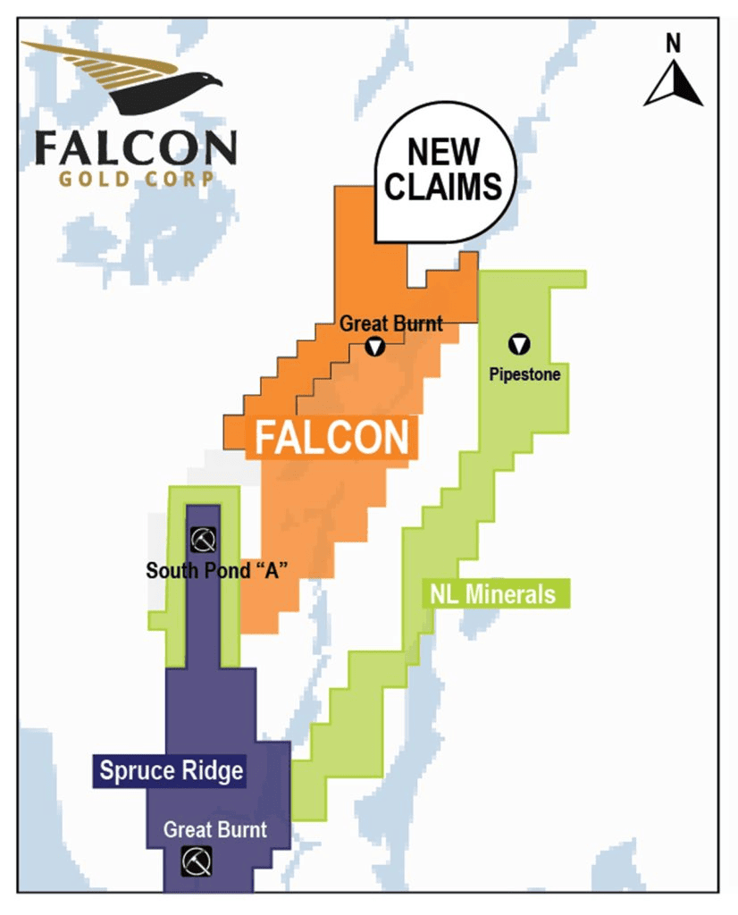 image 9 Vancouver, BC, October 31, 2023 – Falcon Gold Corp. (FG: TSX-V), (3FA: GR), (FGLDF: OTCQB); (“Falcon” or the “Company”) is pleased to announce it has acquired through staking, 91 claims (the “Property”) totaling 2,275 hectares located in the Great Burnt base-metal rich greenstone belt in central Newfoundland (Figure 1). The Great Burnt greenstone belt is host to the Great Burnt Copper Zone with an indicated resource of 381,300 tonnes at 2.68% Cu and inferred resources of 663,100 tonnes at 2.10% Cu. (https://www.spruceridgeresources.com/great-burnt.php) Recent drilling in 2020 by Spruce Ridge Resources reported 8.06% Cu over 27.2m (TSXV:SHL press release dated March 18, 2021). The Great Burnt greenstone belt also hosts the South Pond A and B copper-gold zones and the End Zone copper prospect within a 14 km mineralized corridor.